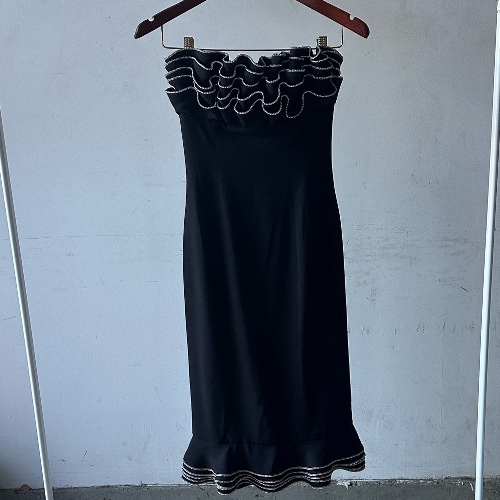 FILKK Black Strapless Dress with Ruffled Neck & Crystal Embellishments
